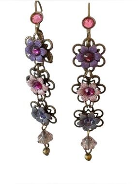 Michal Negrin Floral Drop Earrings with Pink and Purple Crystals